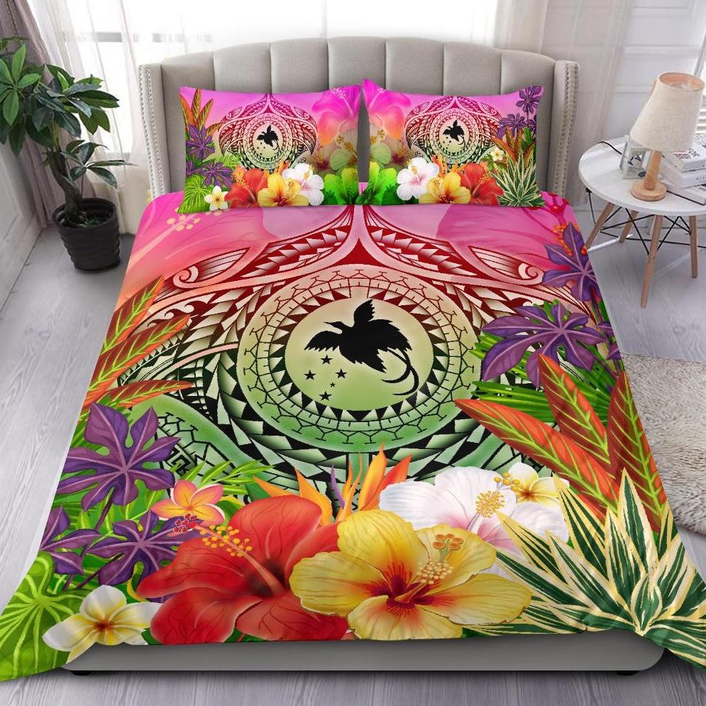 Papua New Guinea Polynesian Bedding Set - Manta Ray Tropical Flowers Pink - Polynesian Pride