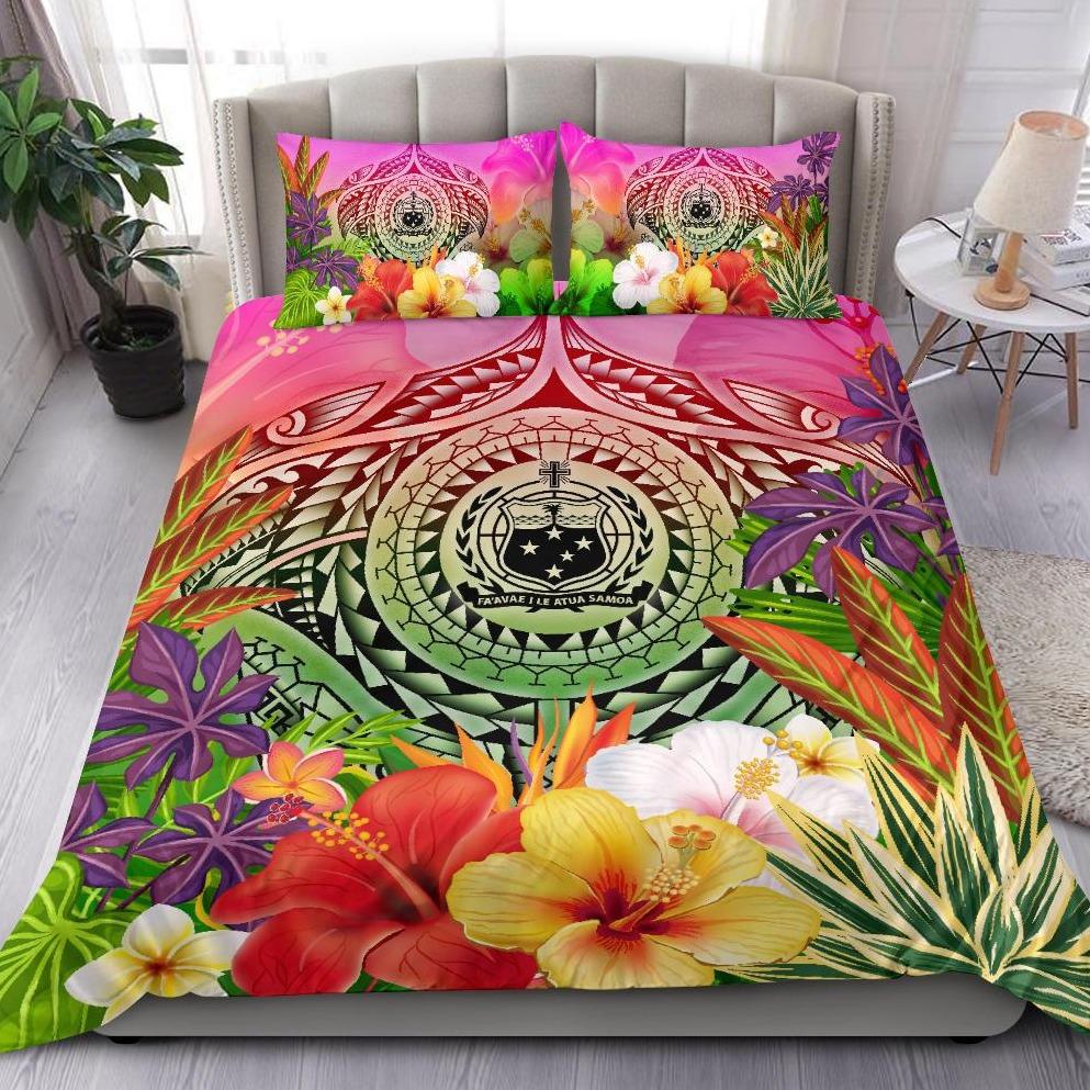 Samoa Polynesian Bedding Set - Manta Ray Tropical Flowers Pink - Polynesian Pride