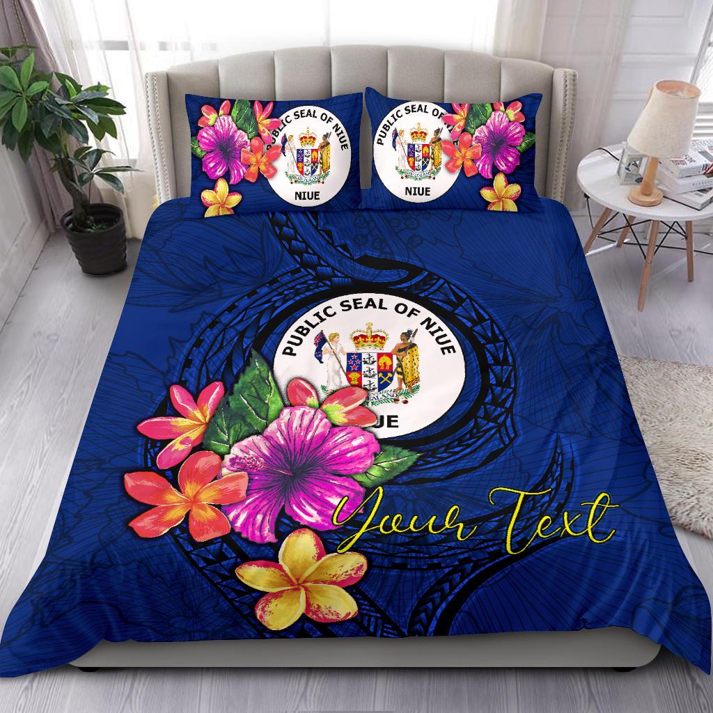 Polynesian Custom Personalised Bedding Set - Niue Duvet Cover Set Floral With Seal Blue Blue - Polynesian Pride