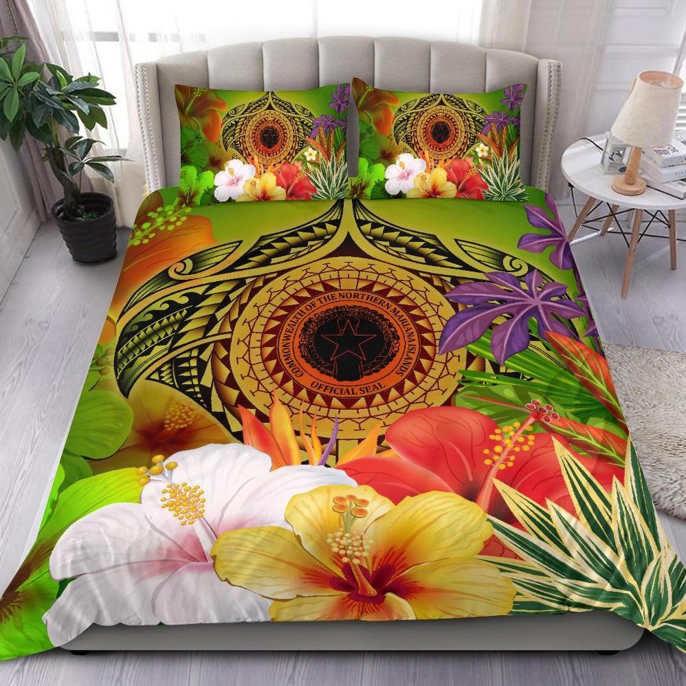 Cnmi Polynesian Bedding Set - Manta Ray Tropical Flowers (Reggae) Green - Polynesian Pride