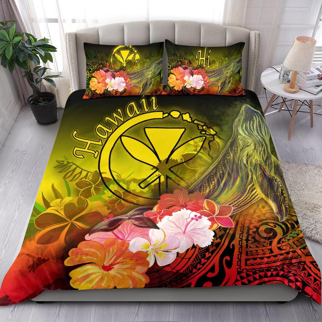 Polynesian Hawaii Bedding Set - Kanaka Maoli Humpback Whale with Tropical Flowers (Yellow) Yellow - Polynesian Pride