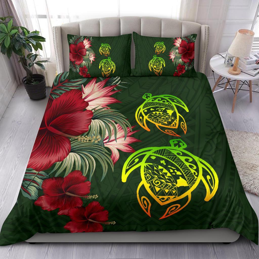 Hawaii Bedding Set - Turtle Hibiscus Pattern Hawaiian Bedding Set - Green - Polynesian Pride