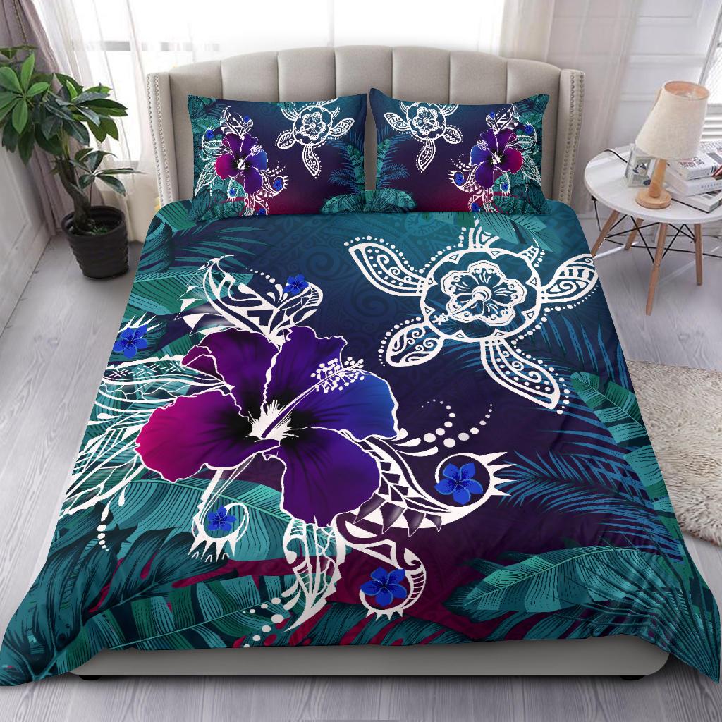 Hawaii Bedding Set - Hawaii Turtle Flowers And Palms Retro - Polynesian Pride