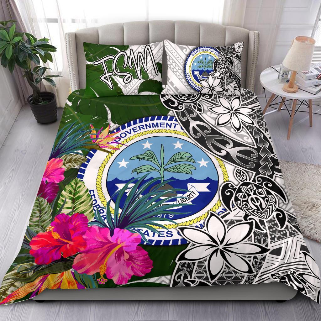 Federated States of Micronesia Bedding Set White - Turtle Plumeria Banana Leaf White - Polynesian Pride