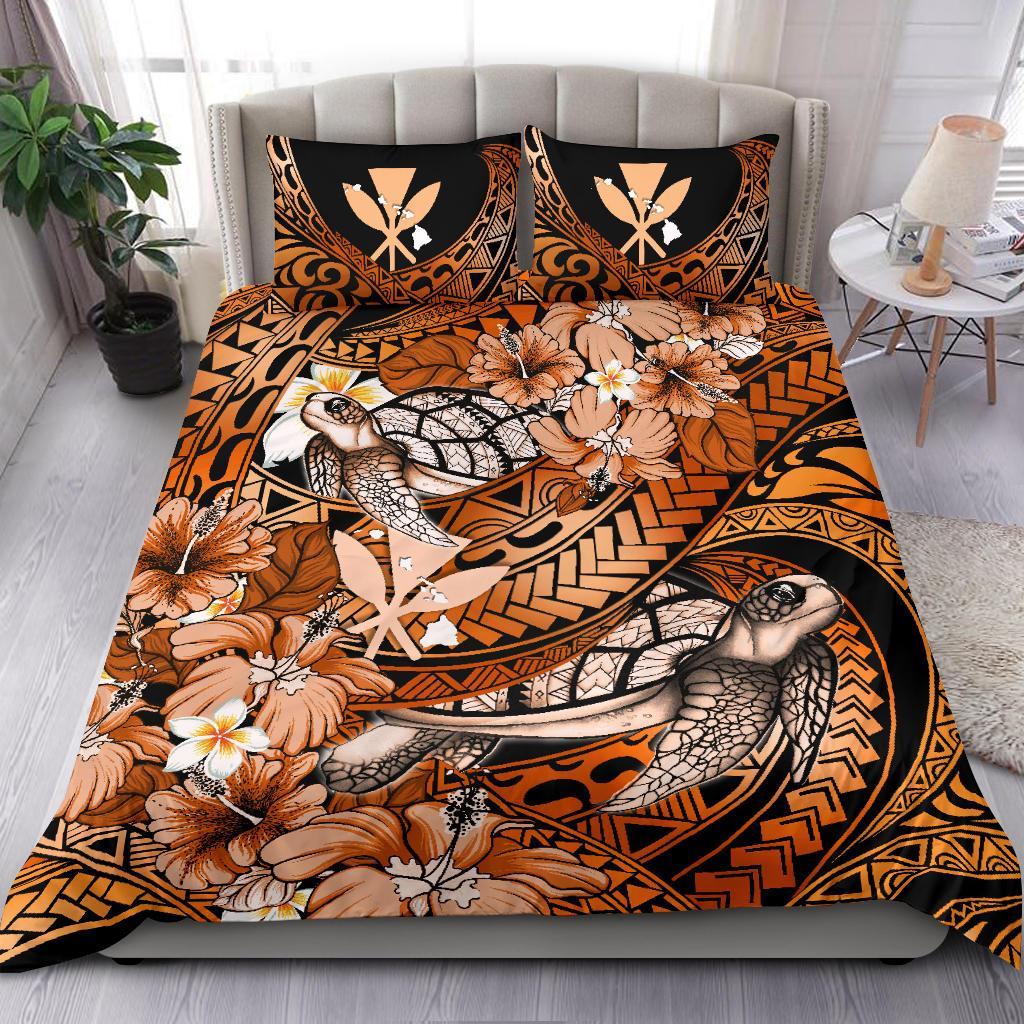 Kanaka Maoli (Hawaiian) Bedding Set - Waves Polynesian Turtle Hibiscus (Orange) - Polynesian Pride