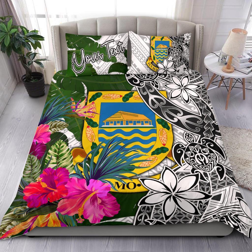 Tuvalu Custom Personalised Bedding Set White - Turle Plumeria Banana Leaf White - Polynesian Pride