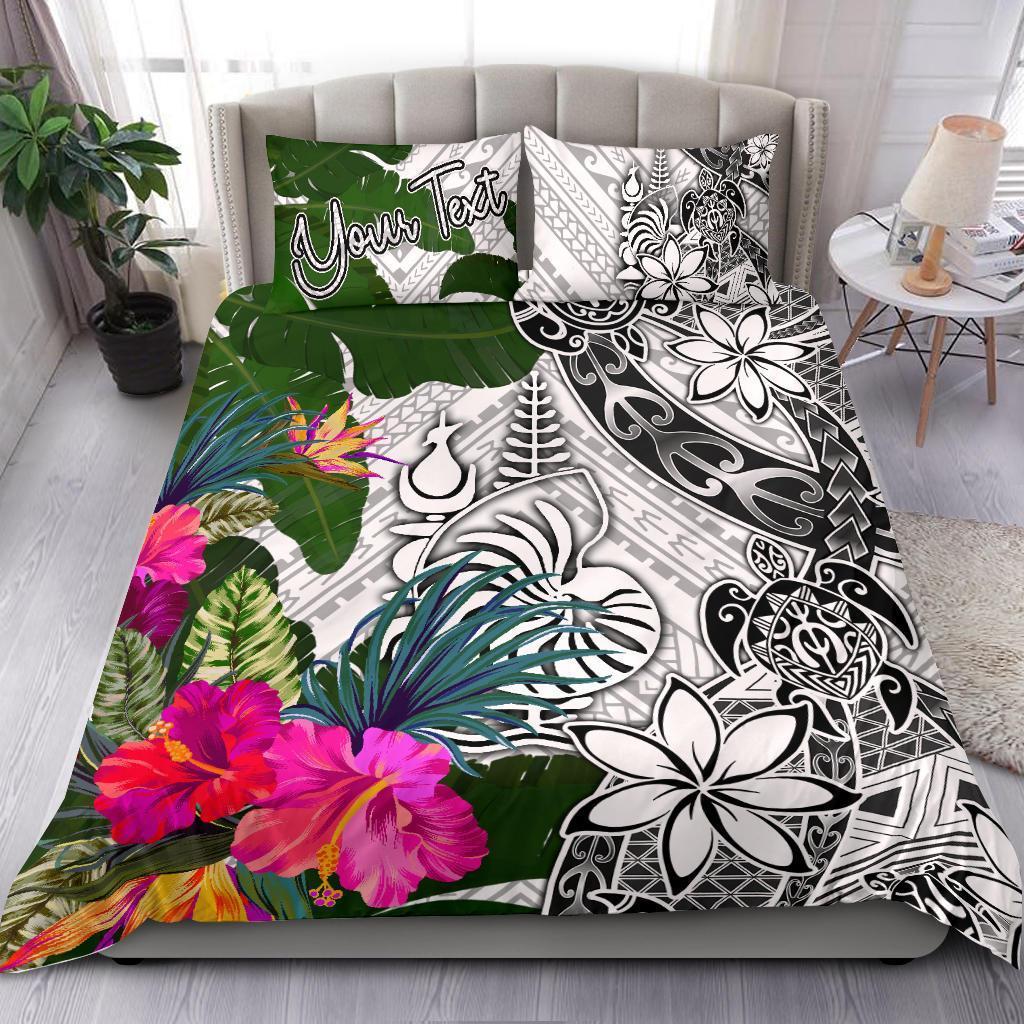 New Caledonia Custom Personalised Bedding Set White - Turle Plumeria Banana Leaf Crest White - Polynesian Pride