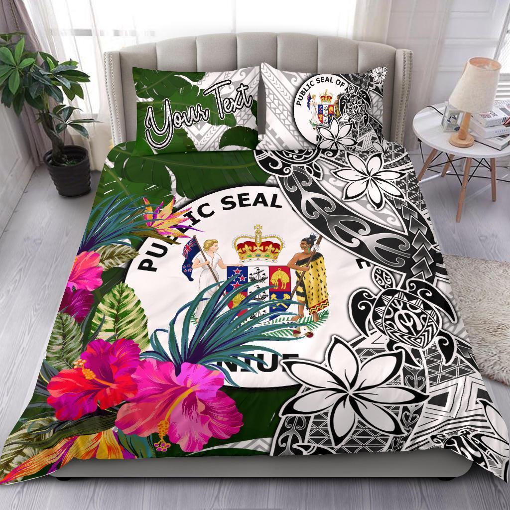 Niue Custom Personalised Bedding Set White - Turle Plumeria Banana Leaf White - Polynesian Pride