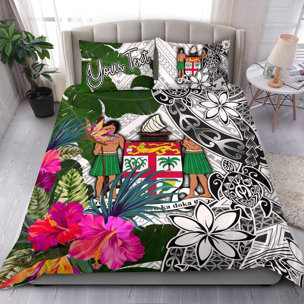 Fiji Custom Personalised Bedding Set White - Turtle Plumeria Banana Leaf Crest White - Polynesian Pride