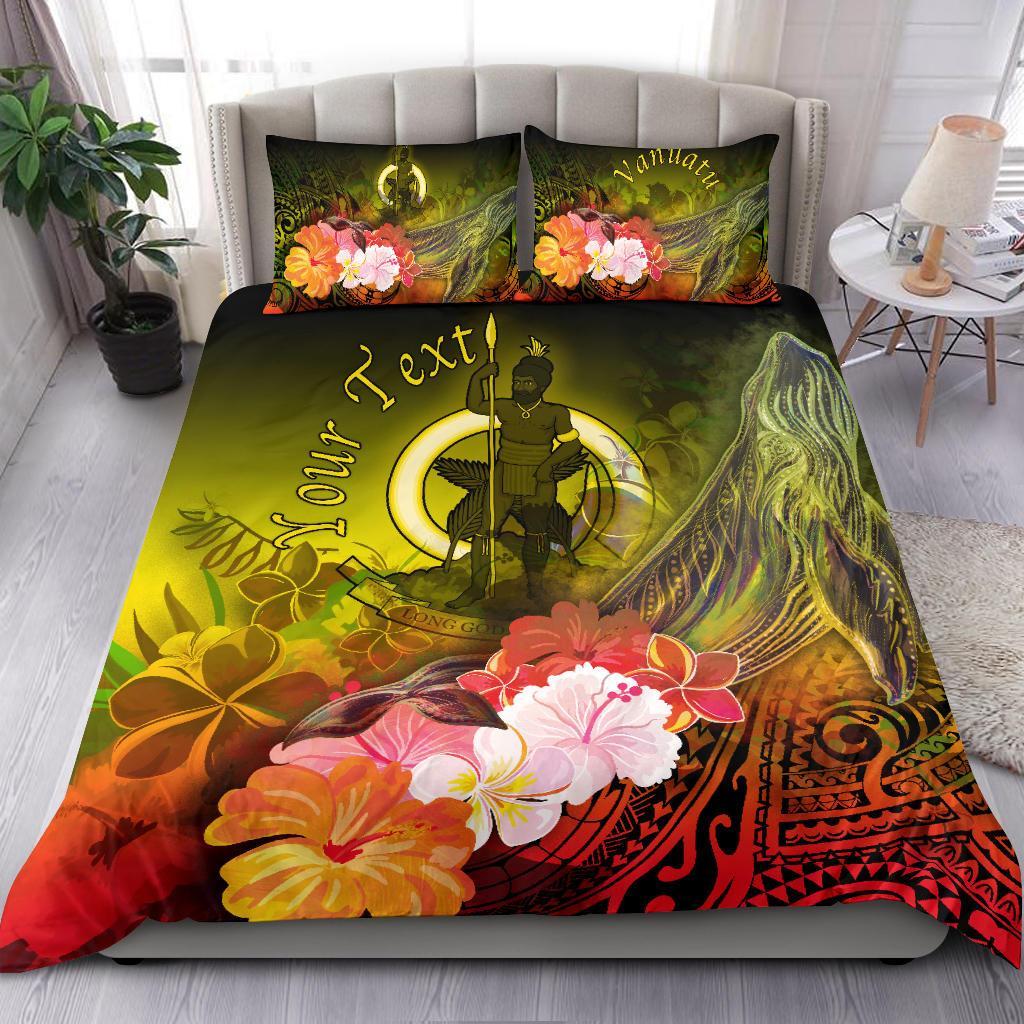 Vanuatu Custom Personalised Bedding Set - Humpback Whale with Tropical Flowers (Yellow) - Polynesian Pride