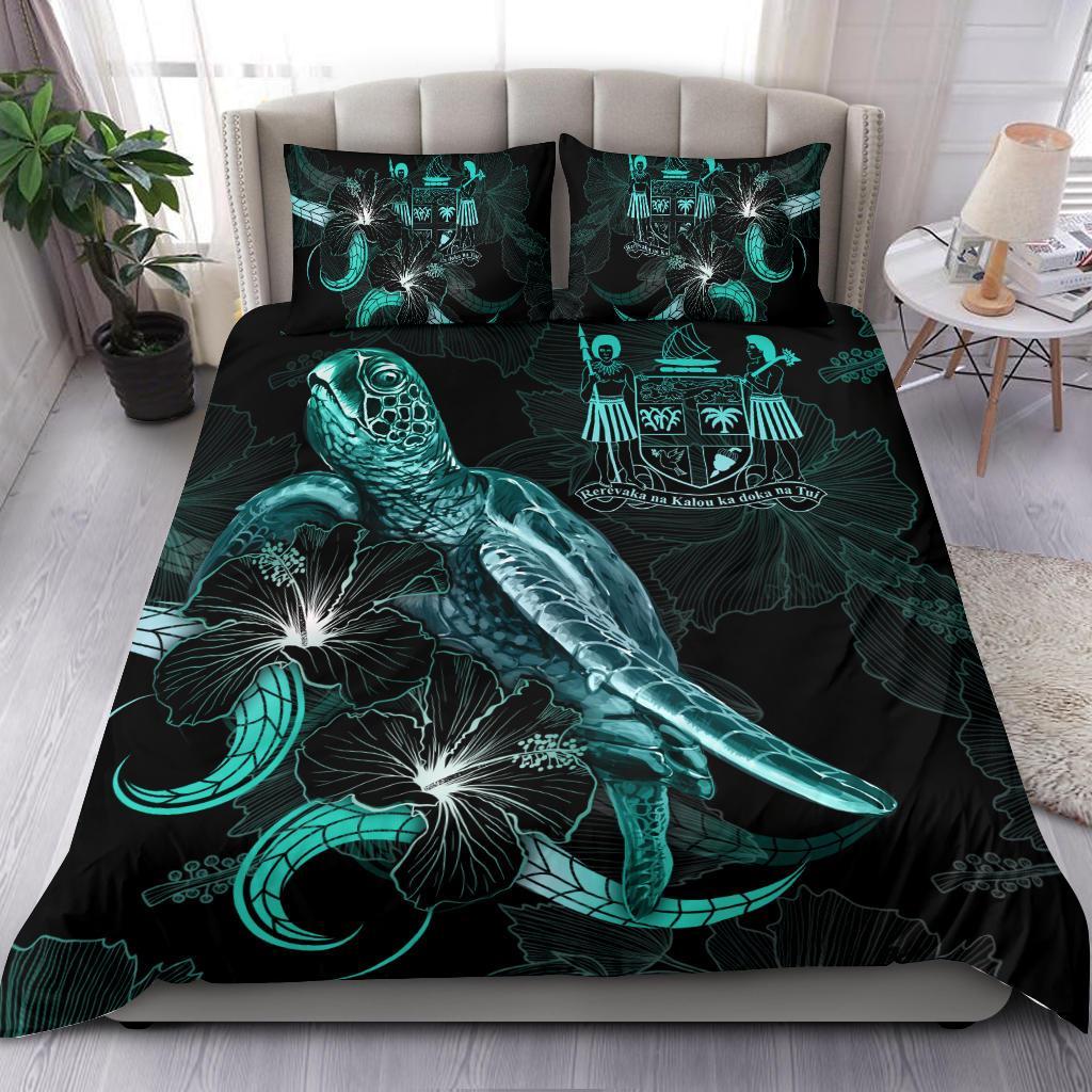 Fiji Polynesian Bedding Set - Turtle With Blooming Hibiscus Turquoise Turquoise - Polynesian Pride