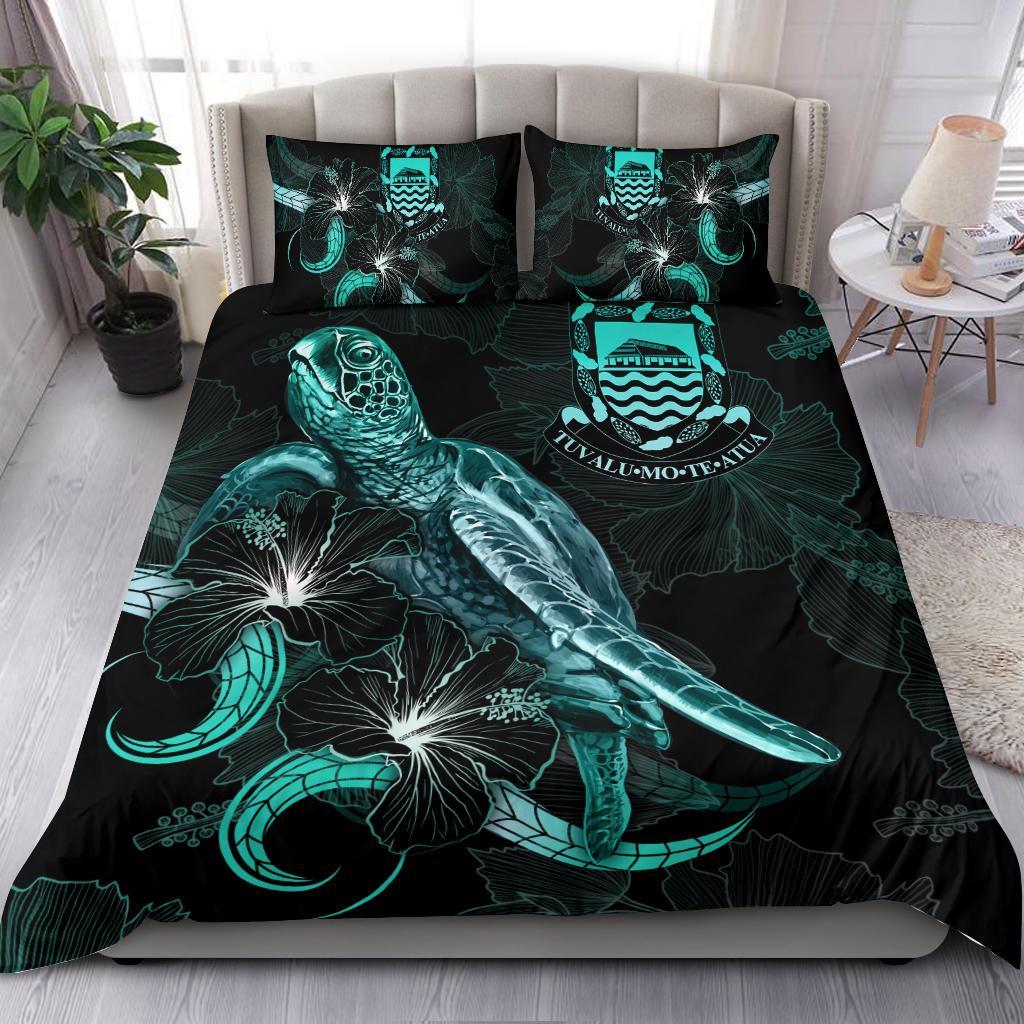 Tuvalu Polynesian Bedding Set - Turtle With Blooming Hibiscus Turquoise Turquoise - Polynesian Pride