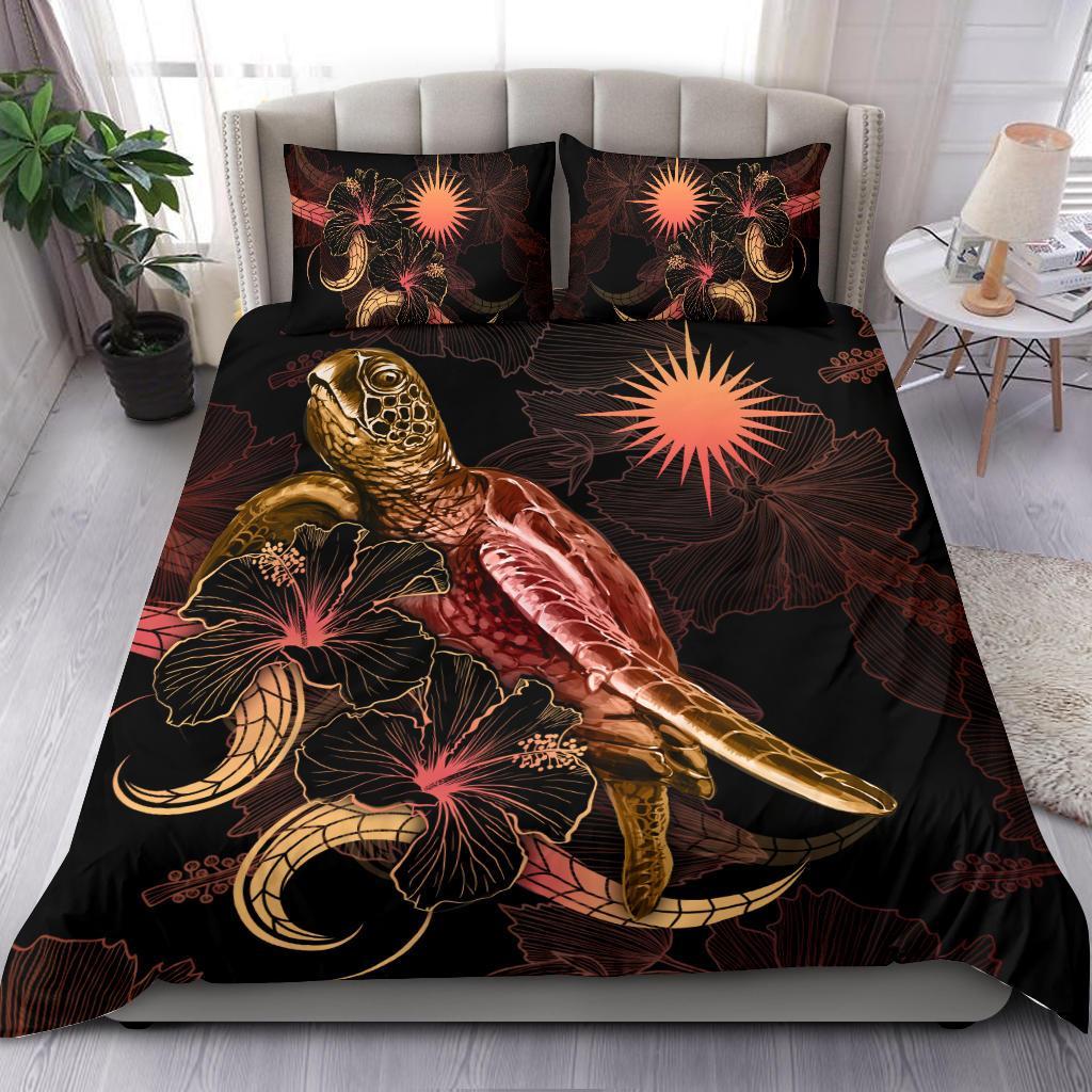 Marshall Islands Polynesian Bedding Set - Turtle With Blooming Hibiscus Gold Gold - Polynesian Pride