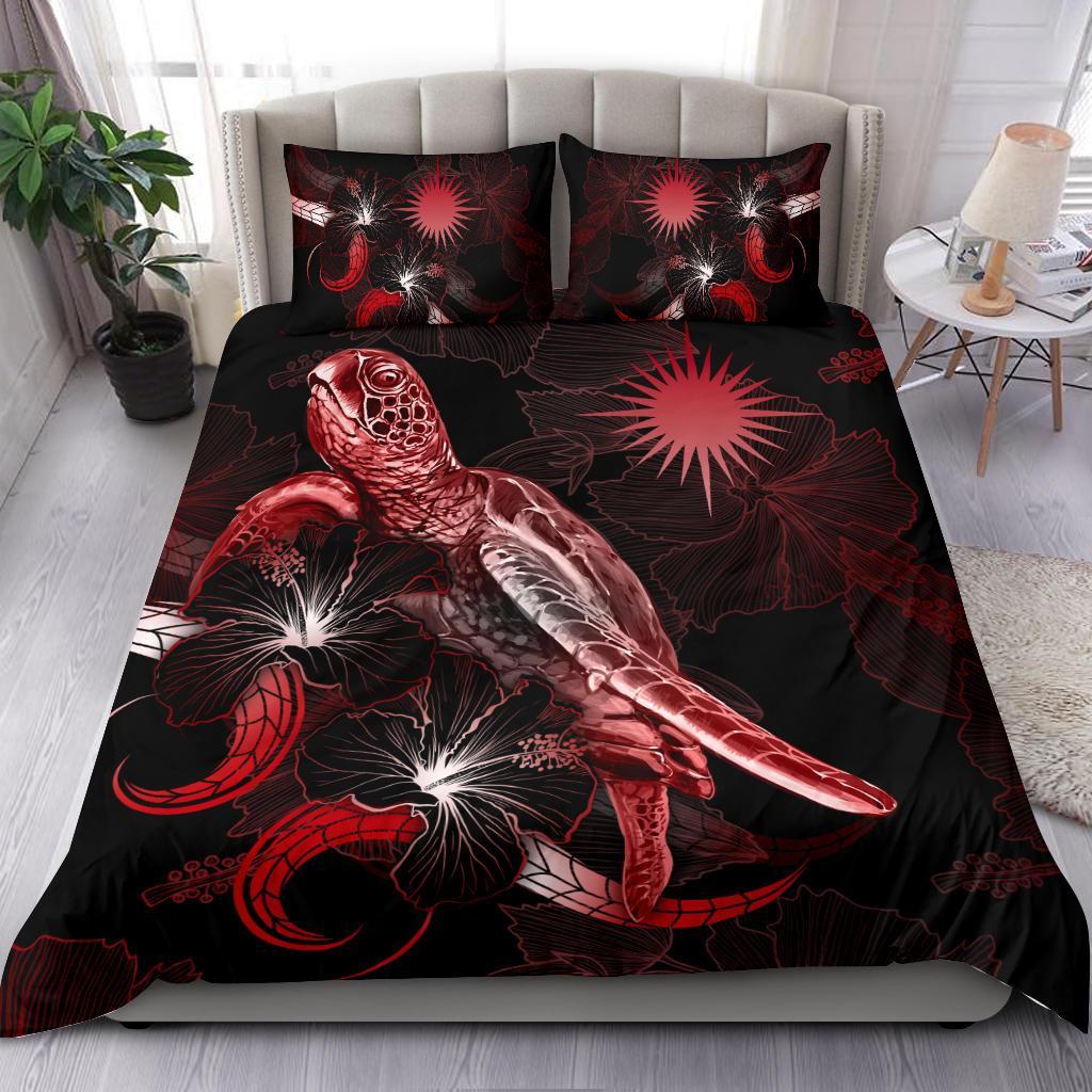 Marshall Islands Polynesian Bedding Set - Turtle With Blooming Hibiscus Red Red - Polynesian Pride