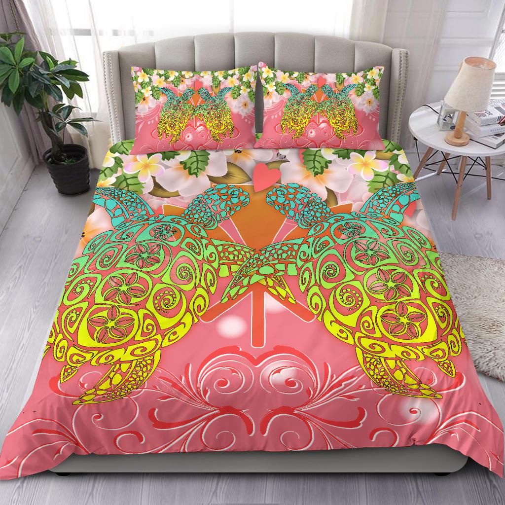 Hawaii Turtle Couple Plumeria Valentine Pattern Bedding Set - Bond Style - AH - Polynesian Pride