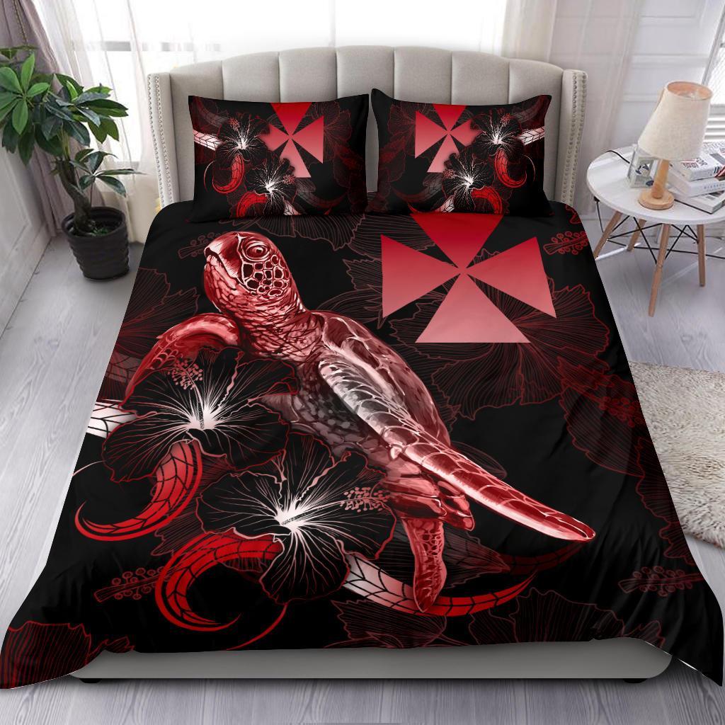 Wallis And Futuna Polynesian Bedding Set - Turtle With Blooming Hibiscus Red Art - Polynesian Pride