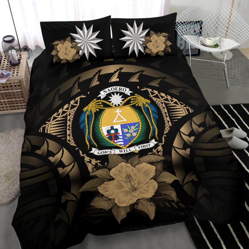 Nauru Duvet Cover Set - Nauru Coat Of Arms & Brown Hibiscus - Polynesian Pride