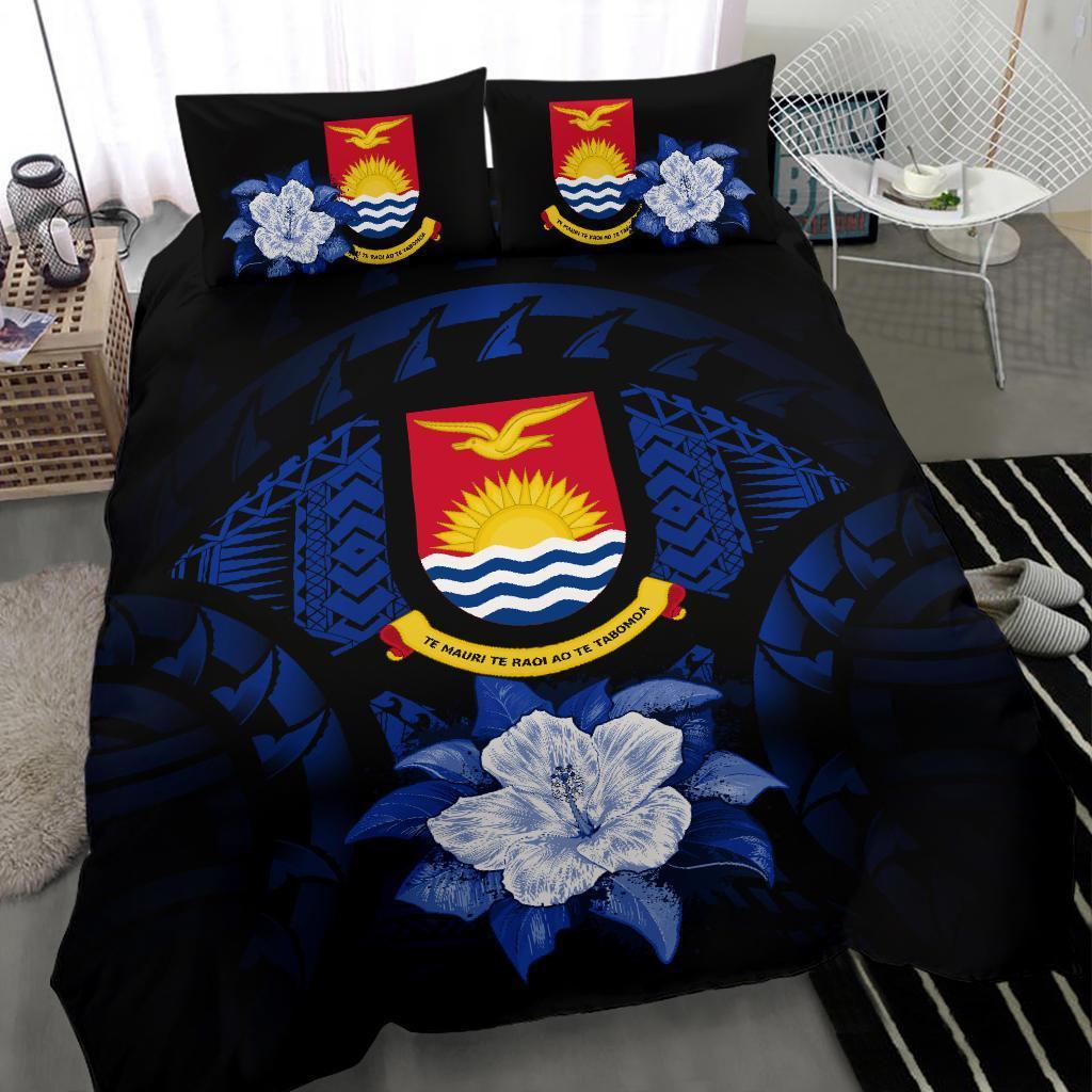 Kiribati Duvet Cover Set - Kiribati Coat Of Arms & Dark Blue Hibiscus - Polynesian Pride