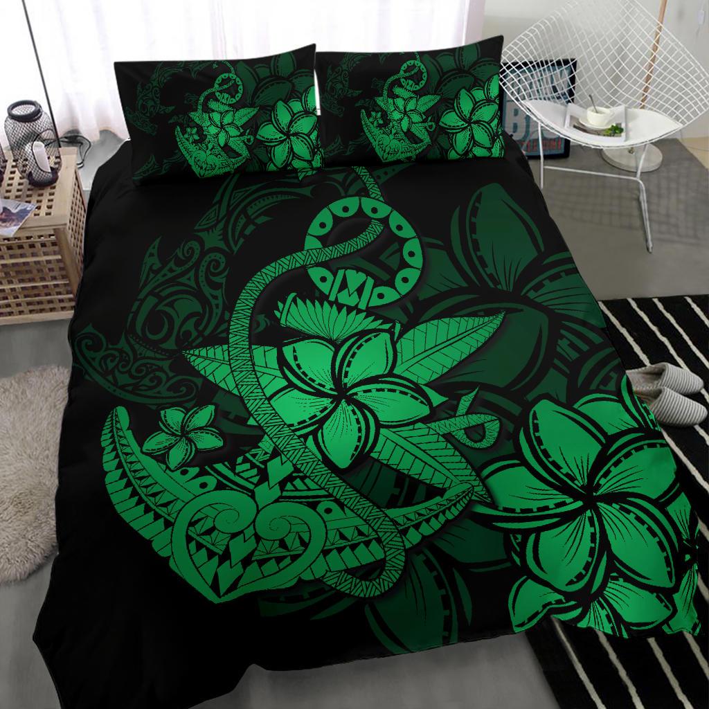 Hawaiian Anchor Plumeria Hamerhead Shark Polynesian Bedding Set - Green - Polynesian Pride