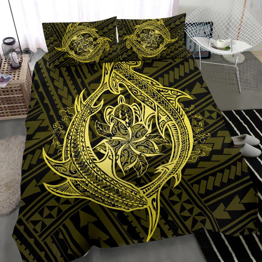 Hawaiian Hamerhead Shark Yin Yang Plumeria Polynesian Bedding Set - Yellow - Polynesian Pride