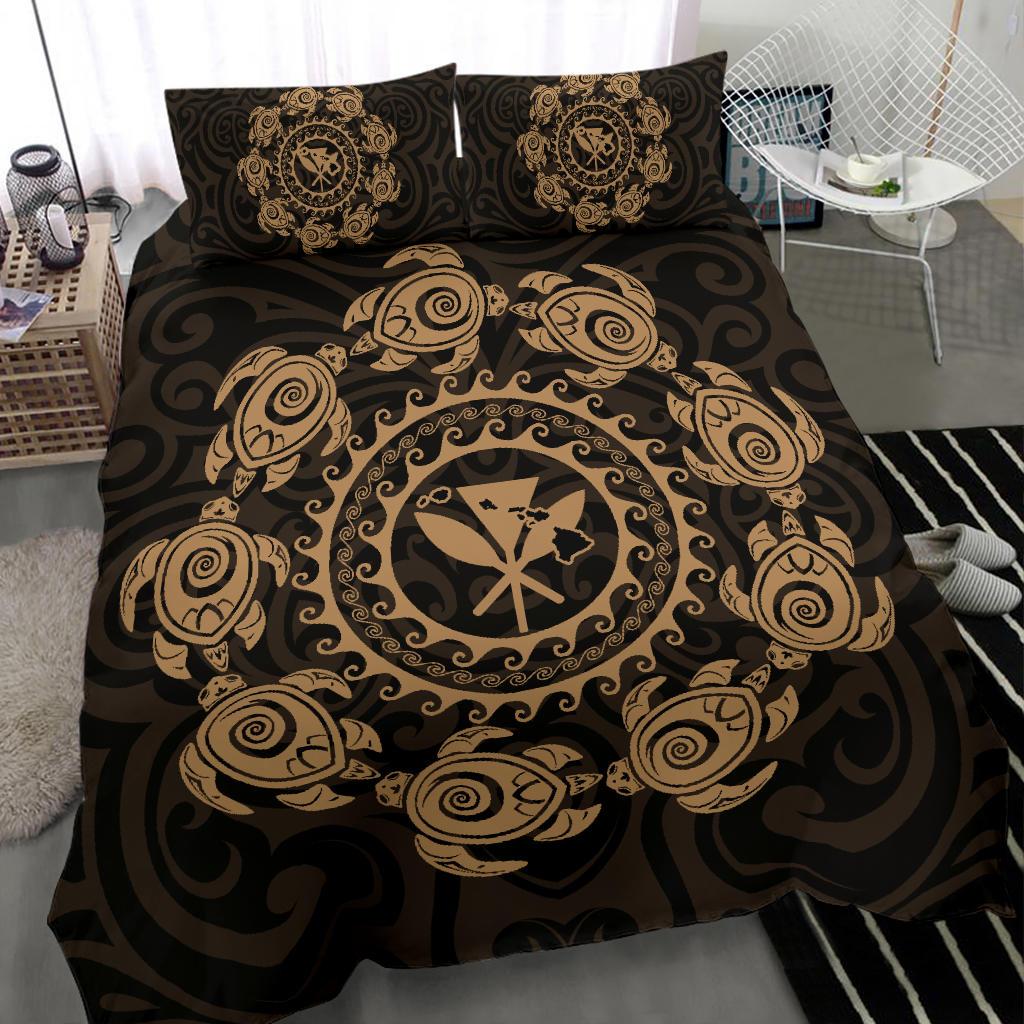Hawaiian Map Kanaka Turtles Circle Style Gold Polynesian Bedding Set - Polynesian Pride