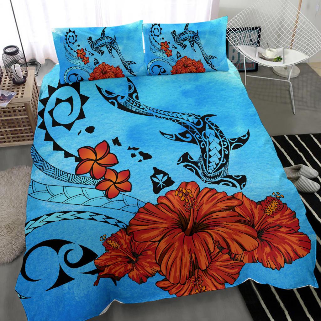 Polynesian Map Kanaka Hammerhead Shark Hibiscus Plumeria Bedding Set - Polynesian Pride