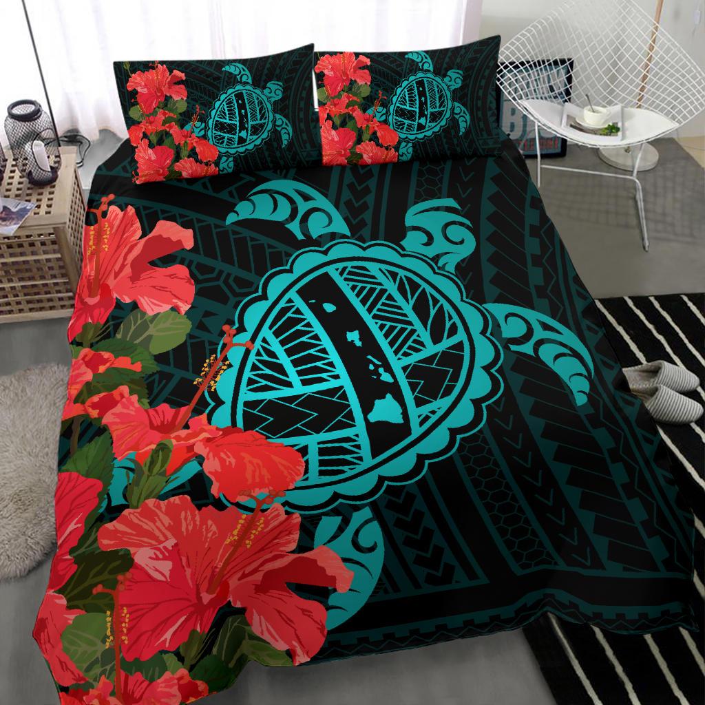Hawaiian Map Sea Turtle Waves Hibiscus Polynesian Bedding Set - Polynesian Pride