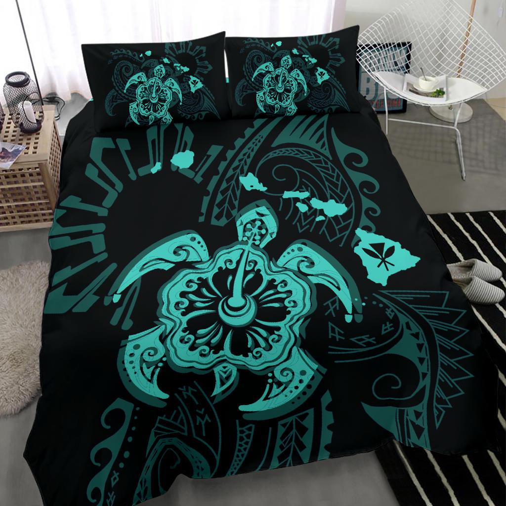 Hawaiian Map Kanaka Hibiscus Turtle Turquoise Polynesian Bedding Set - Polynesian Pride