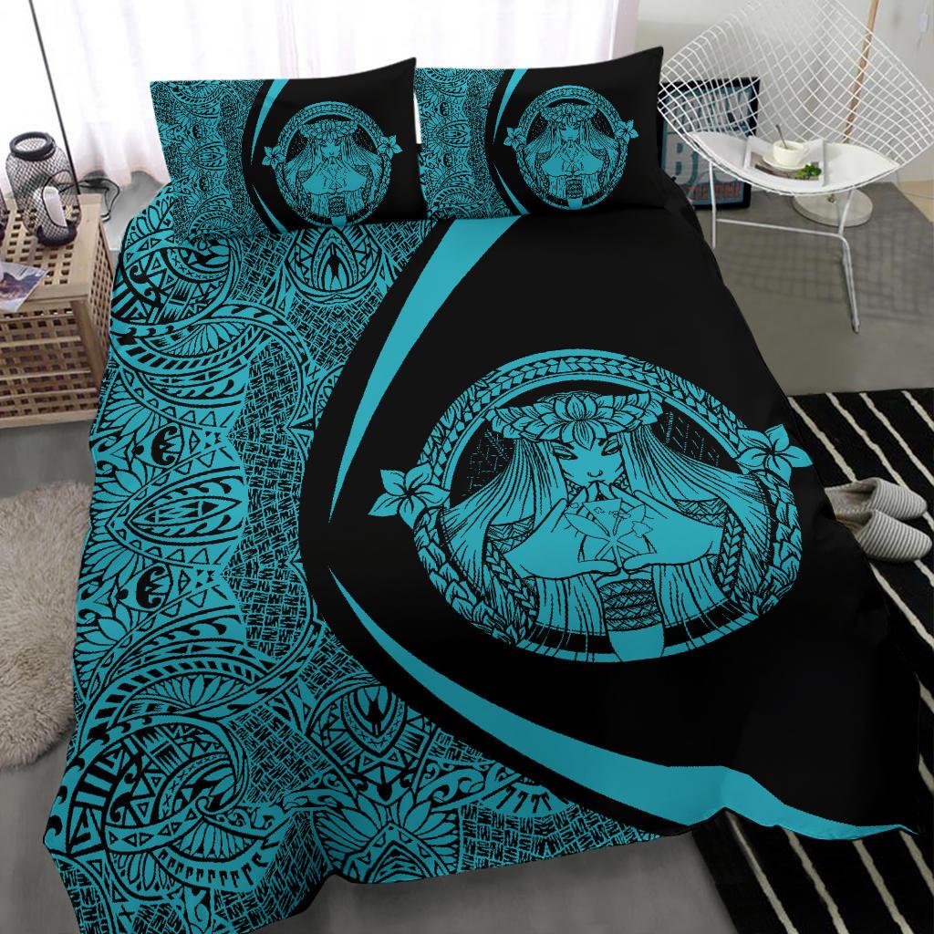Hawaiian Madame Pele Kanaka Plumeria Polynesian Bedding Set Circle Style Blue - Polynesian Pride