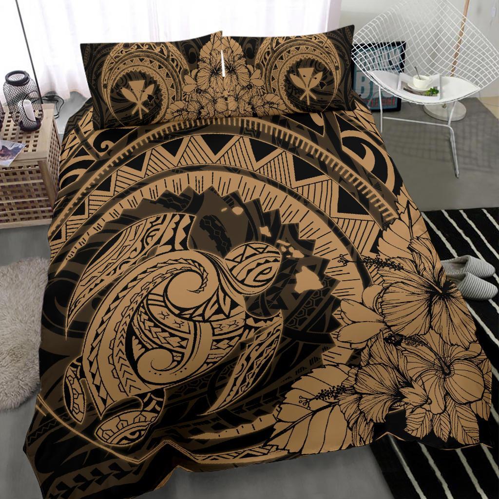 Hawaiian Map Kanaka Honu Hibiscus Gold Globular Polynesian Bedding Set - Polynesian Pride