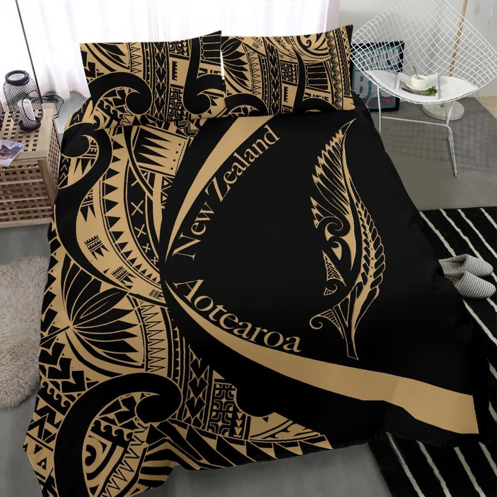 New Zealand Silver Fern Bedding Set Maori Tattoo Circle Style - Golden - Polynesian Pride