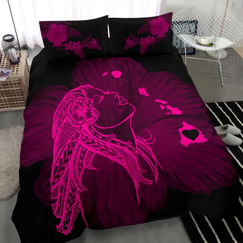 Hawaiian Map Heart Hula Girl Hibiscus Polynesian Bedding Set - Pink - Polynesian Pride