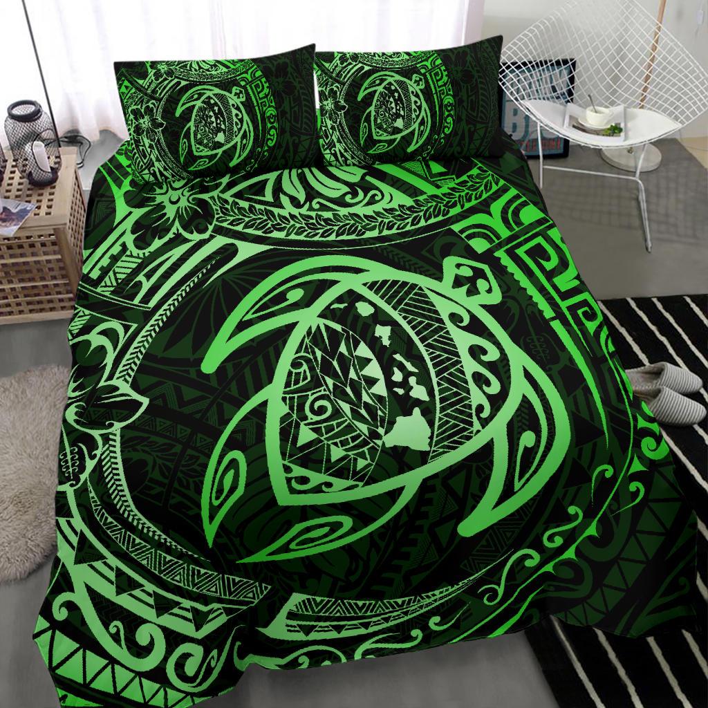 Hawaiian Map Turtle Polynesian Bedding Set Circle Green - Polynesian Pride