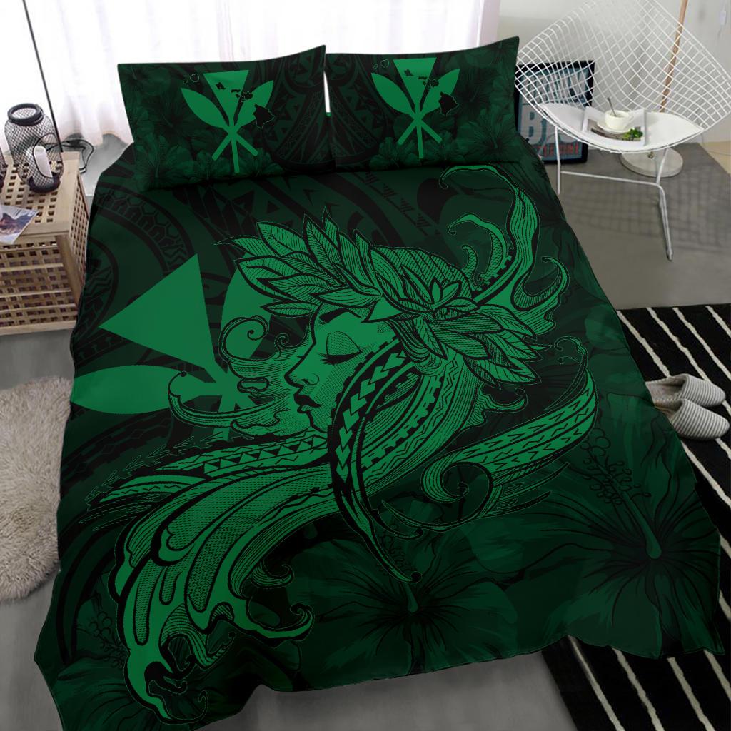 Hawaiian Map Hula Girl Hibiscus Kanaka Polynesian Bedding Set - Green - Polynesian Pride
