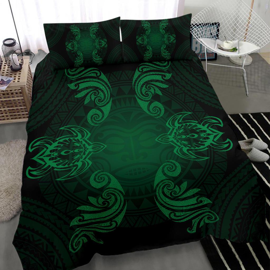 Hawaiian Turtles Tribal Mask Polynesian Bedding Set Green - Polynesian Pride