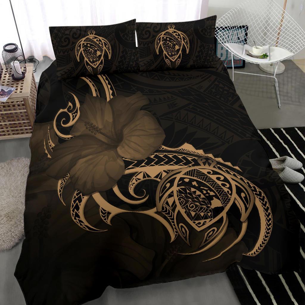 Hawaiian Map Turtle Hibiscus Divise Gold Polynesian Bedding Set - Polynesian Pride