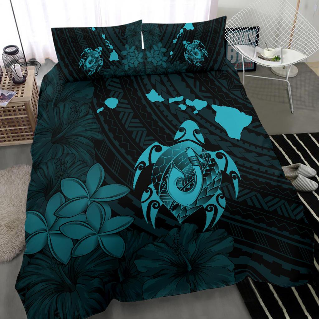 Hawaiian Map Turtle Plumeria Hibiscus Fish Hook Polynesian Bedding Set Blue - Polynesian Pride