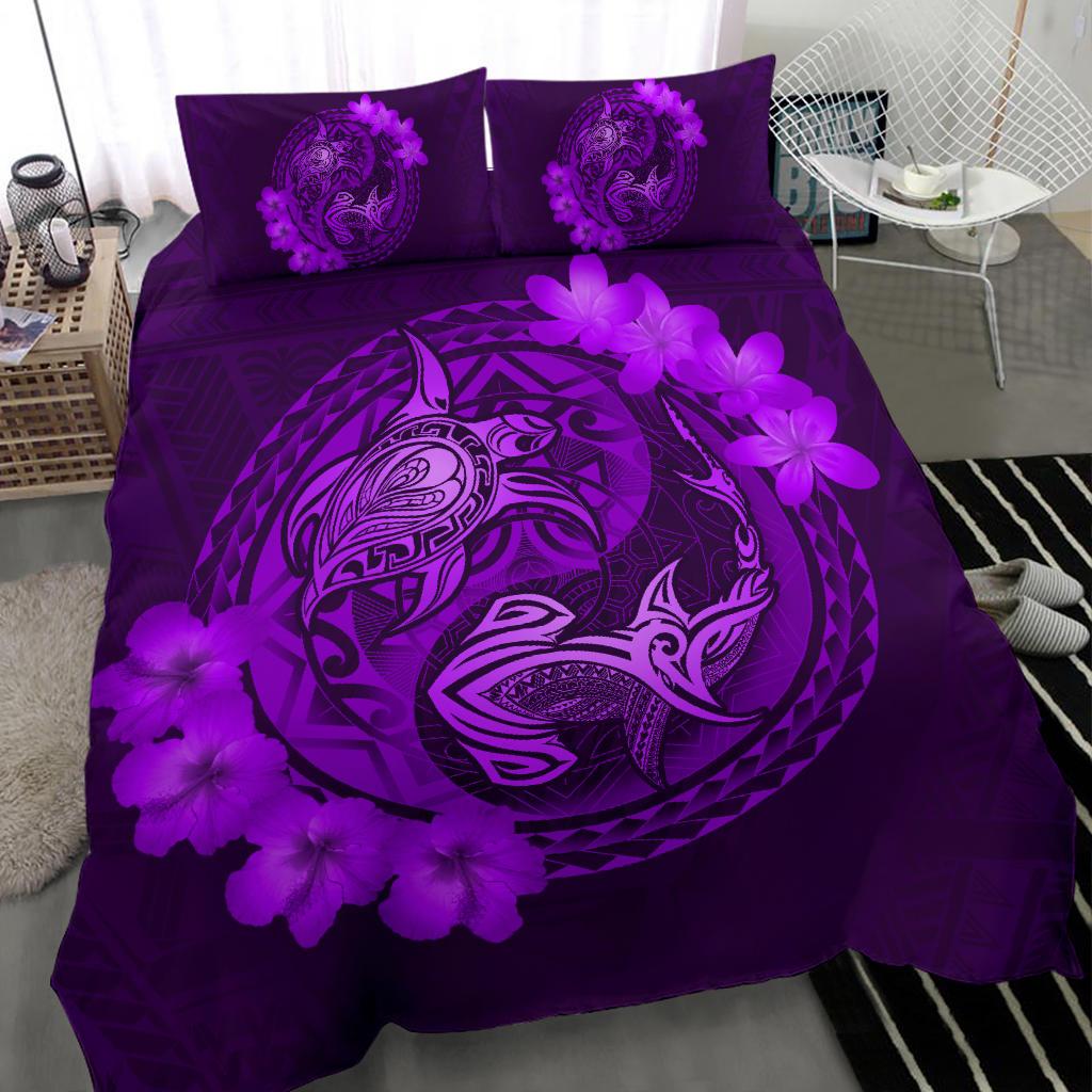 Hawaii Yin Yang Turtle Shark Hibiscus Plumeria Bedding Set - Purple - Polynesian Pride