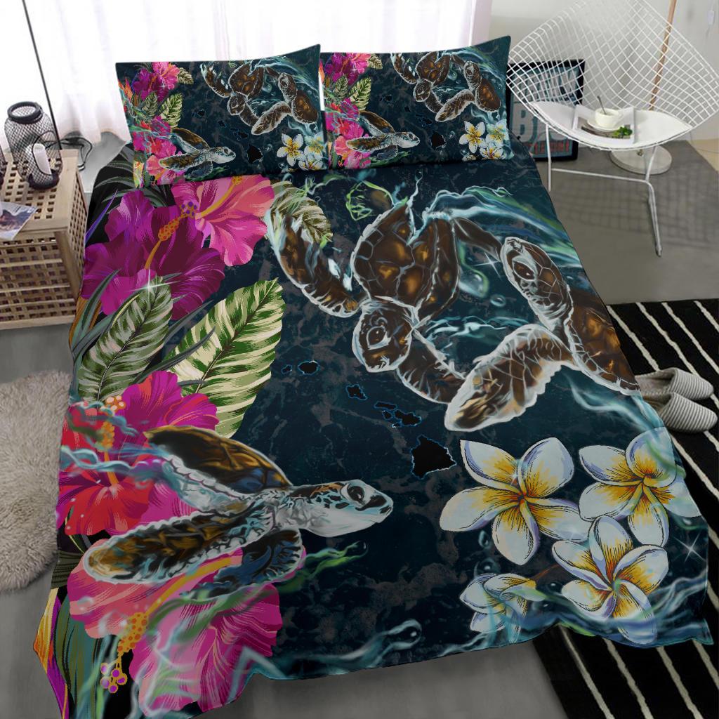 Hawaii Map Turtle Swimming Hibiscus Plumeria Moana Bedding Set - Polynesian Pride