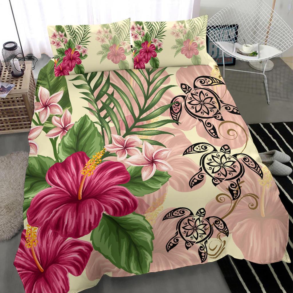 Hawaii Turtle Hibiscus Plumeria Beige Style - Bedding Set AH - Polynesian Pride