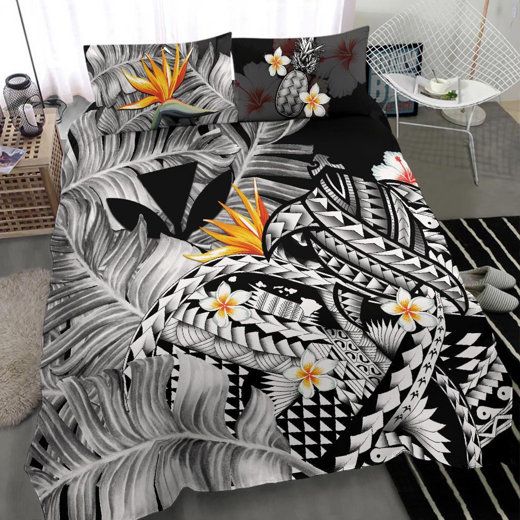 Kanaka Maoli (Hawaiian) Bedding Set, Polynesian Pineapple Banana Leaves Turtle Tattoo Gray - Polynesian Pride