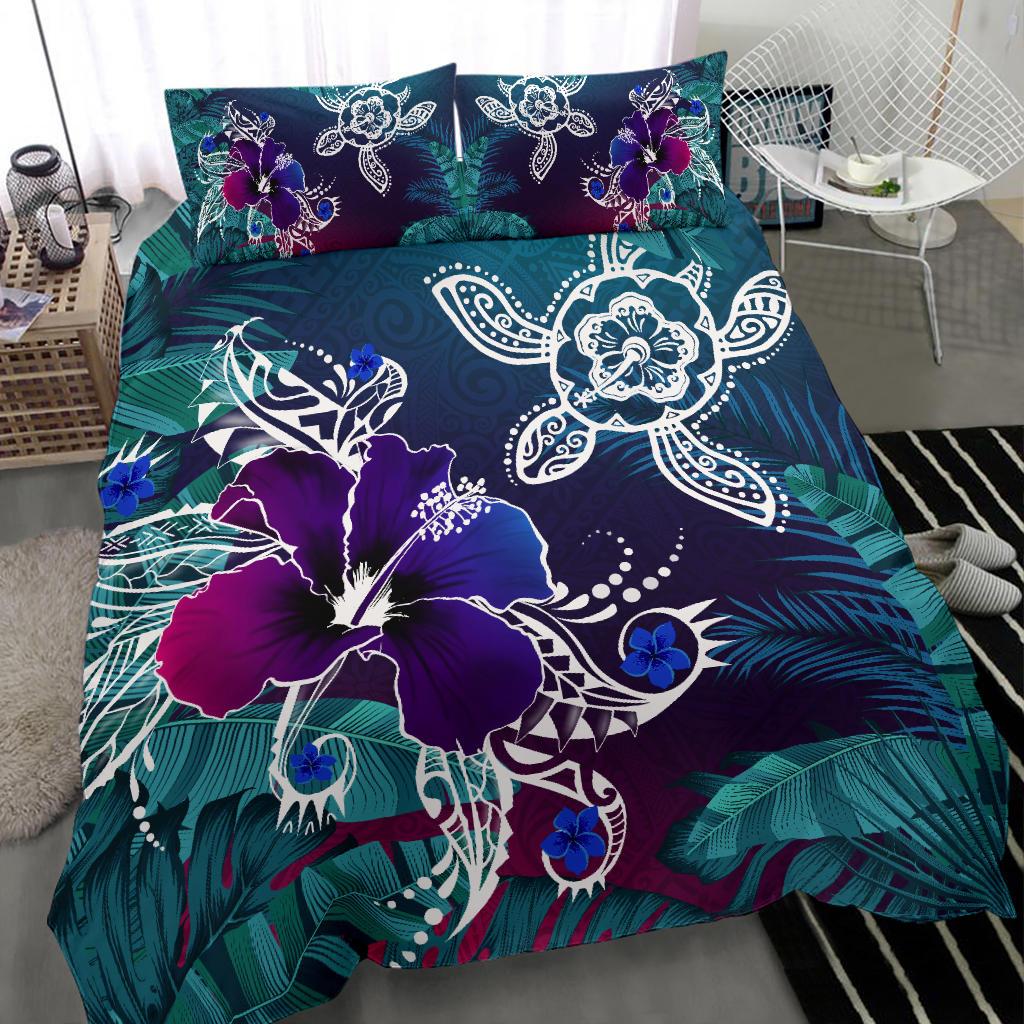Hawaii Bedding Set - Hawaii Turtle Flowers And Palms Retro - Polynesian Pride