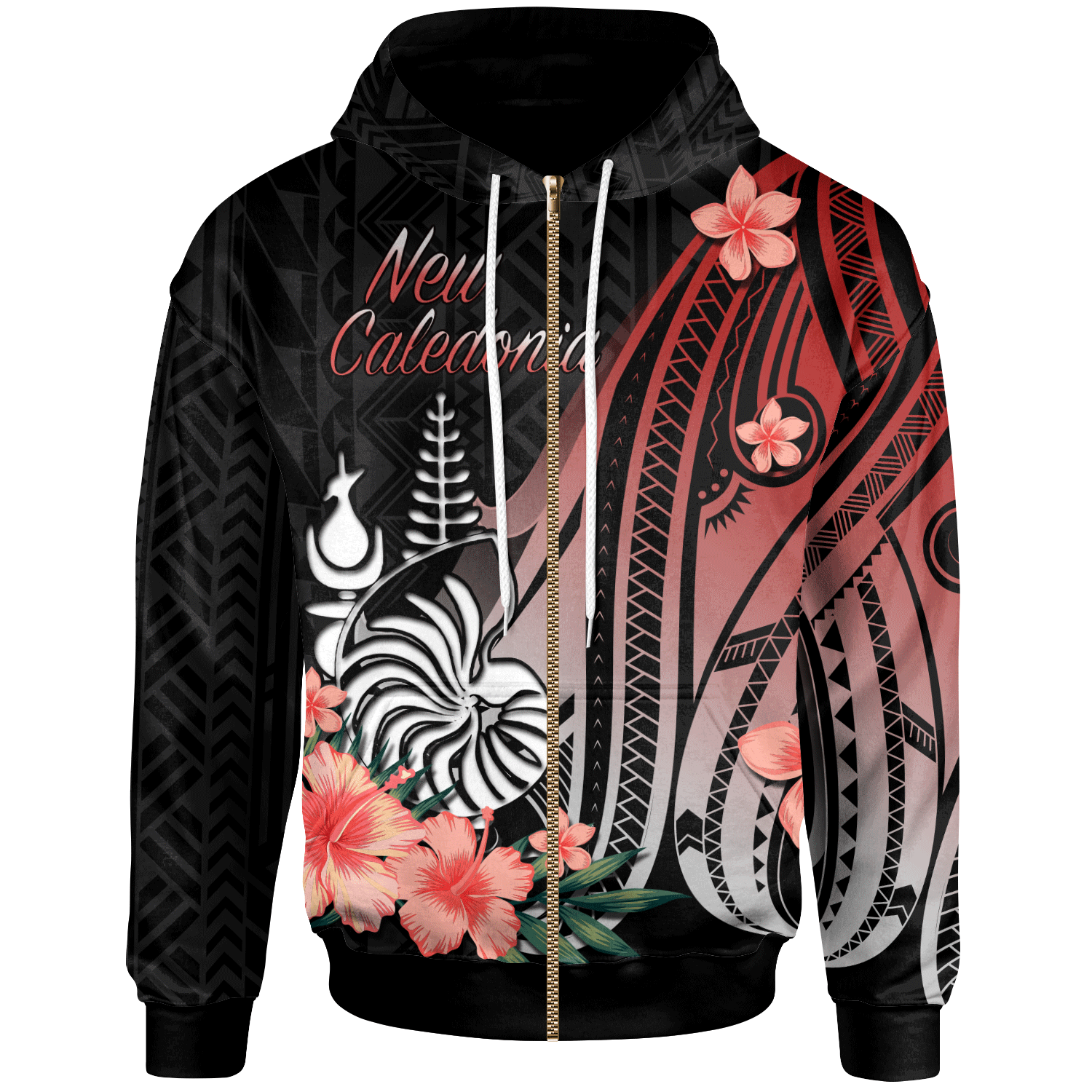 New Caledonia Zip Hoodie Red Polynesian Hibiscus Pattern Style Unisex Red - Polynesian Pride