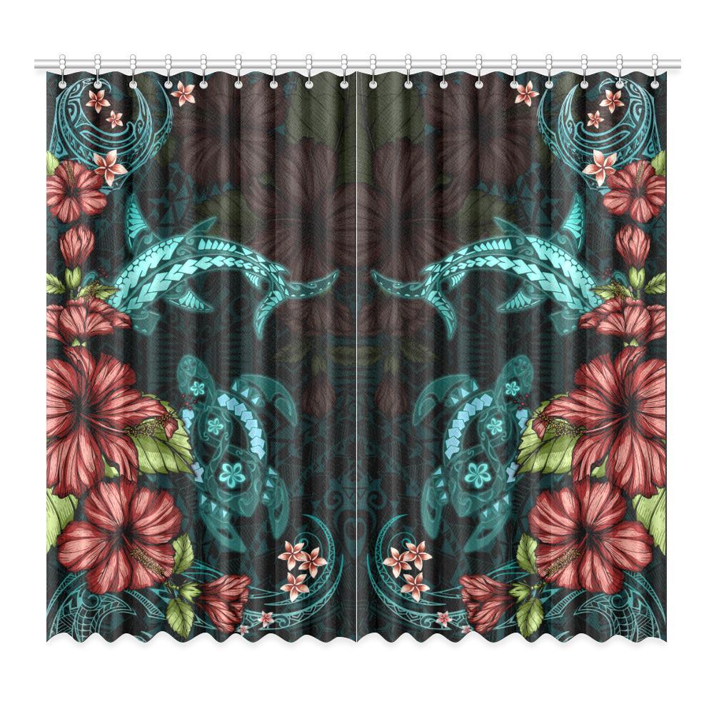 Turtle And Shark With Hibiscus Window Curtain ( Two Piece) Turquoise One Size 52"x96"(Two Piece) Black - Polynesian Pride