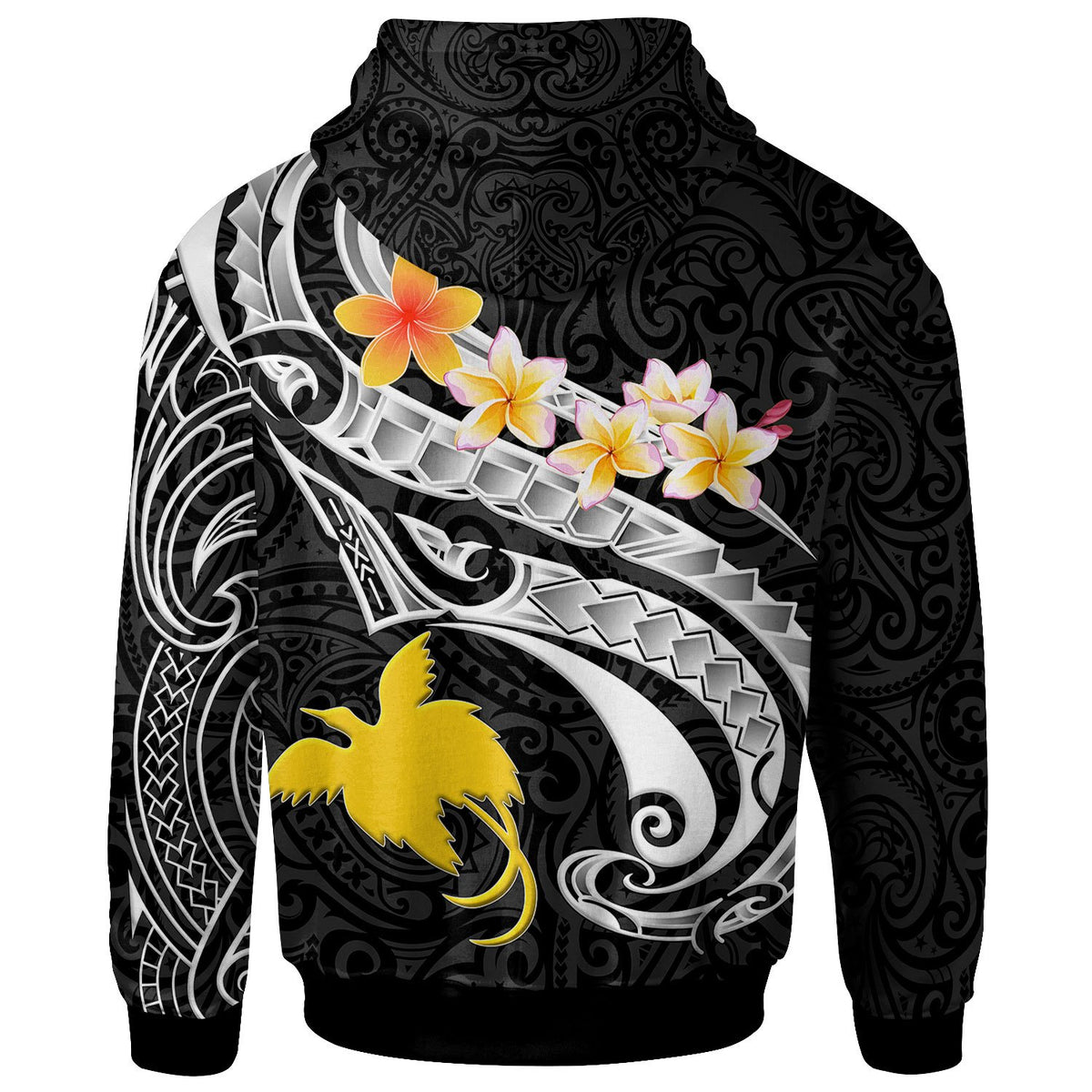 Papua New Guinea Custom Hoodie PNG Seal Polynesian Patterns Plumeria (Black) - Polynesian Pride