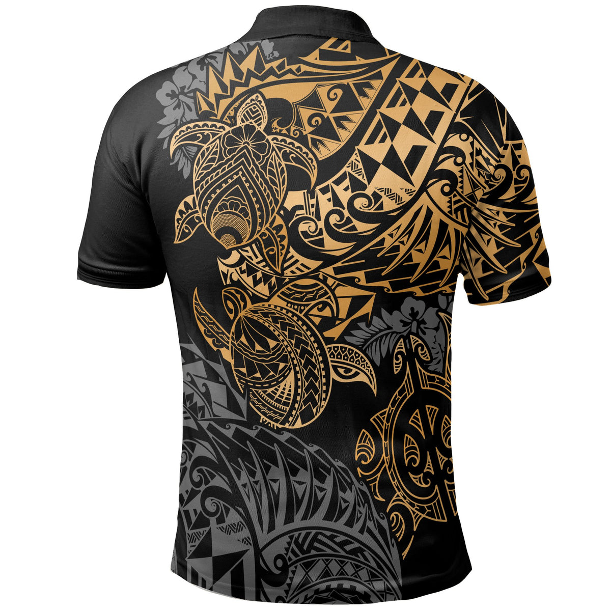 Hawaii Polo Shirt Kanaka Maoli Polynesian Gold Turtle Hibiscus Flowing - Polynesian Pride