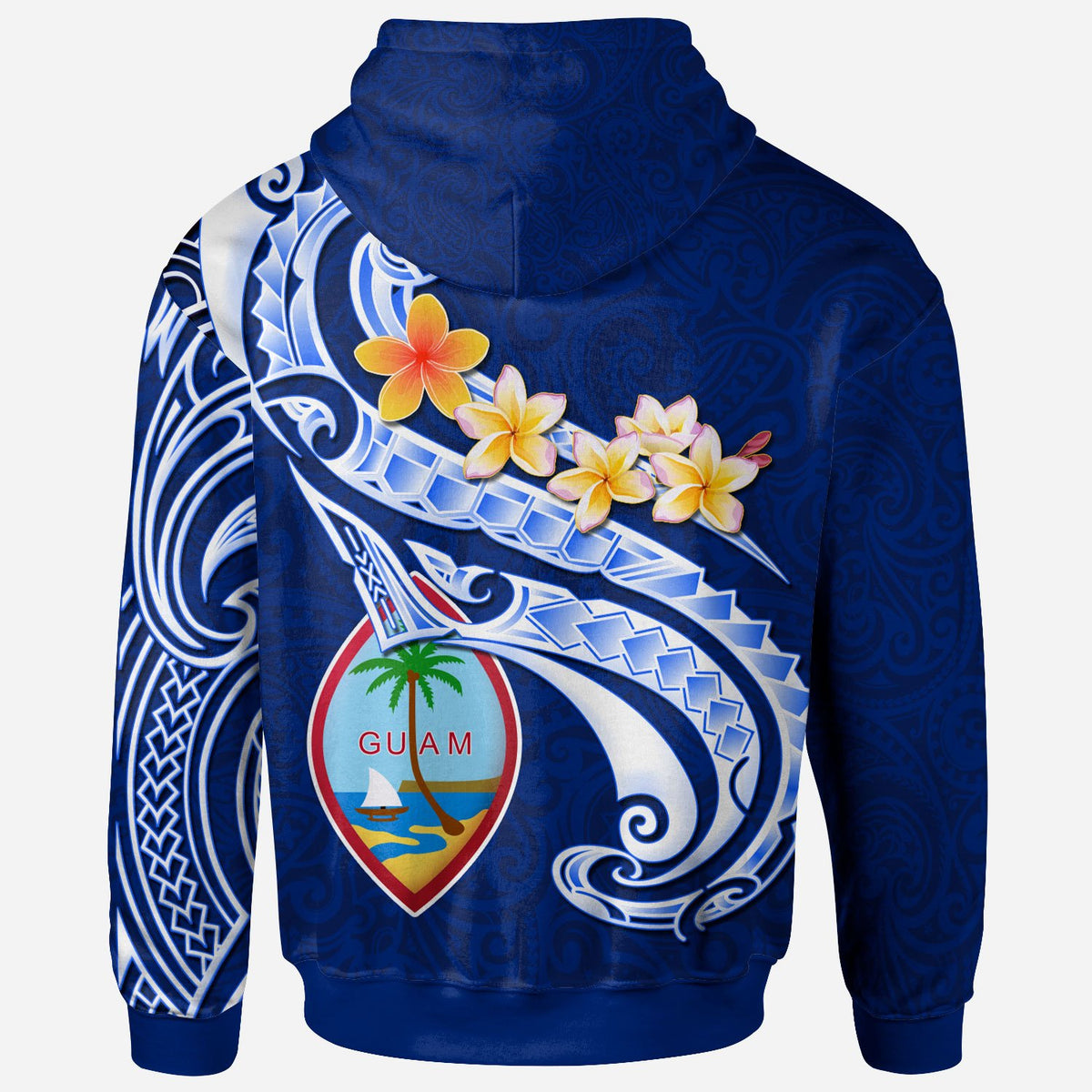 Guam Hoodie Guam Seal Polynesian Patterns Plumeria (Blue) - Polynesian Pride