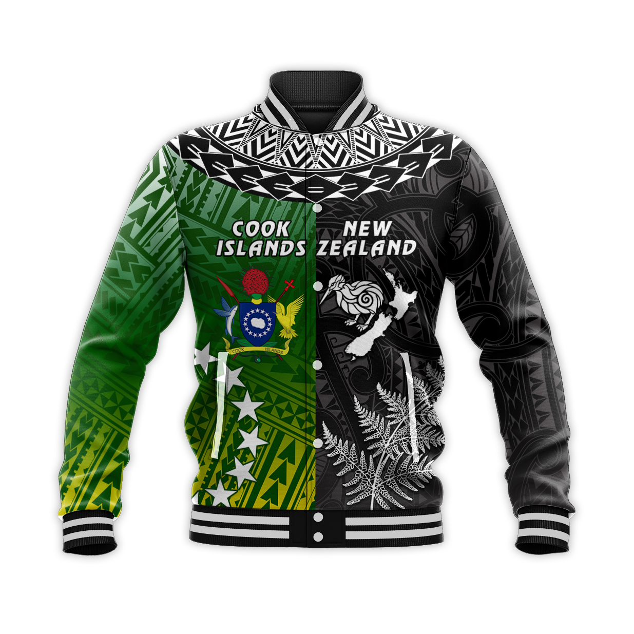 Cook Islands Pattern and New Zealand Kiwi Baseball Jacket LT13 Unisex Black - Polynesian Pride