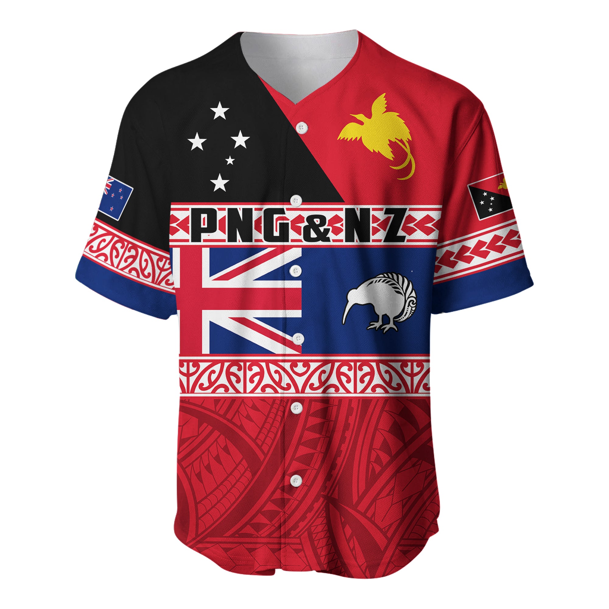 Papua New Guinea and New Zealand Baseball Jersey Polynesian PNG and NZ LT13 Red - Polynesian Pride