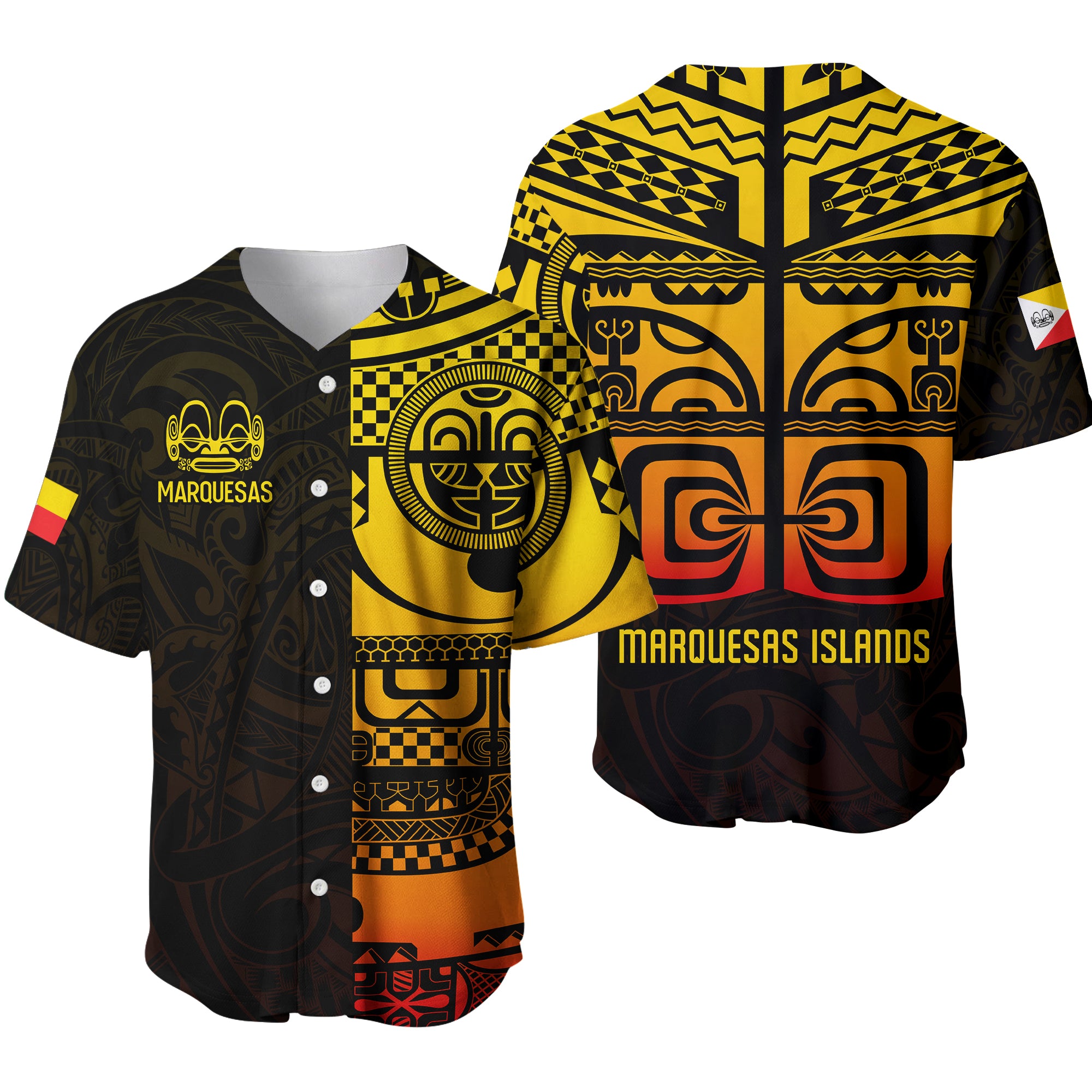 Marquesas Islands Tiki Baseball Jersey Gradient Marquesan Tattoo LT13 Yellow - Polynesian Pride